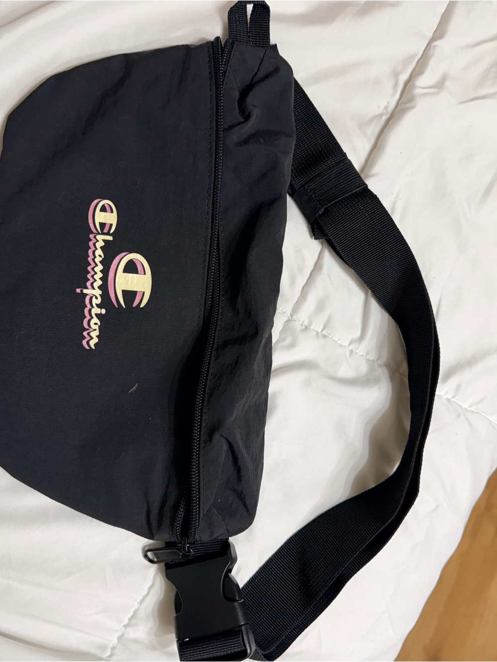 Champion Black Crossbody Waist Pack with Pink & Cream Logo